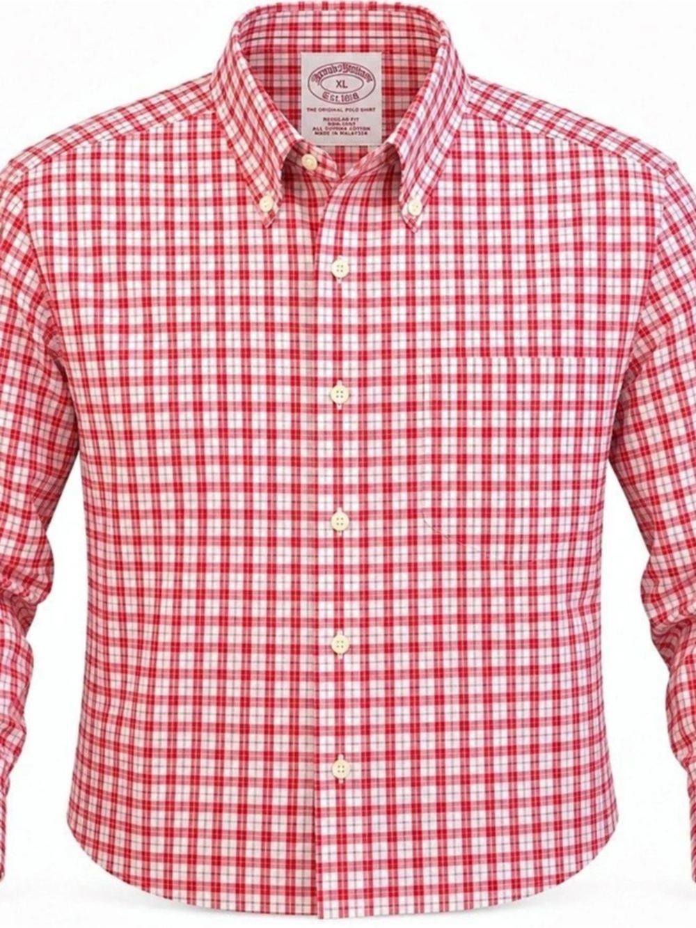 Brooks Brothers Mens XL Red White Plaid Check Supima Cotton Non Iron Button Shir